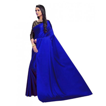 Generic Women's Satin Saree With Blouse (Blue, 5-6mtrs)