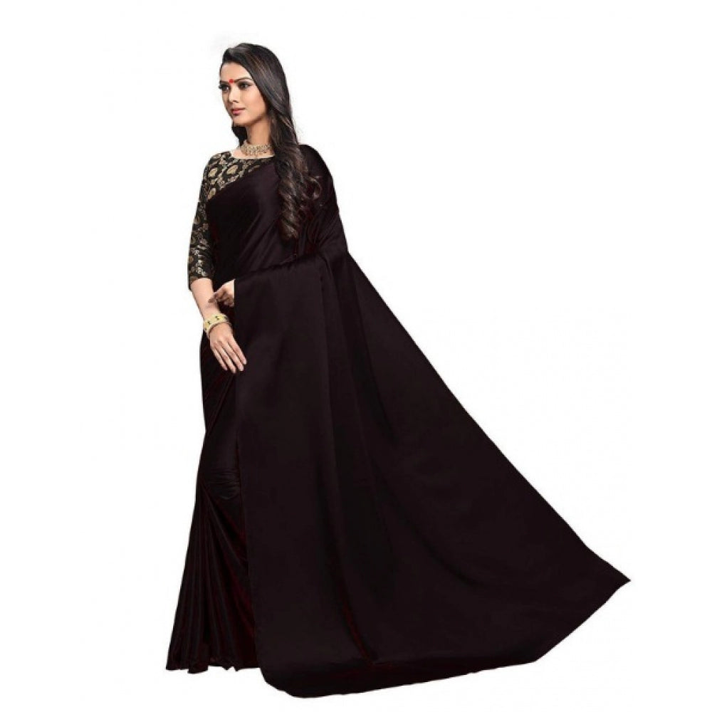 Generic Women's Satin Saree With Blouse (Black, 5-6mtrs)