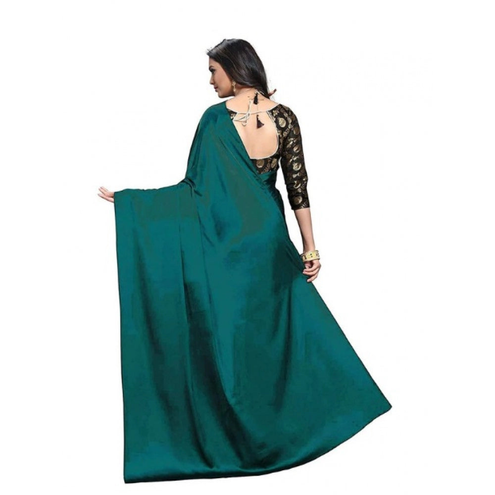 Generic Women's Satin Saree With Blouse (Turquoise, 5-6mtrs)