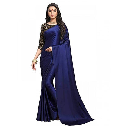 Generic Women's Satin Saree With Blouse (Navy Blue, 5-6mtrs)