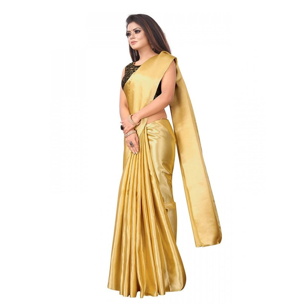 Generic Women's Satin Saree With Blouse (Gold, 5-6mtrs)