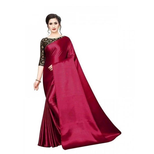 Generic Women's Satin Saree With Blouse (Maroon, 5-6mtrs)