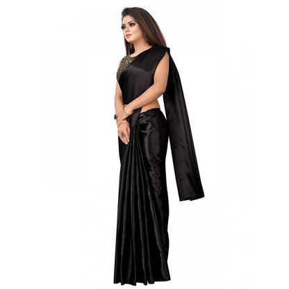 Generic Women's Satin Saree With Blouse (Black, 5-6mtrs)