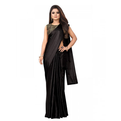 Generic Women's Satin Saree With Blouse (Black, 5-6mtrs)