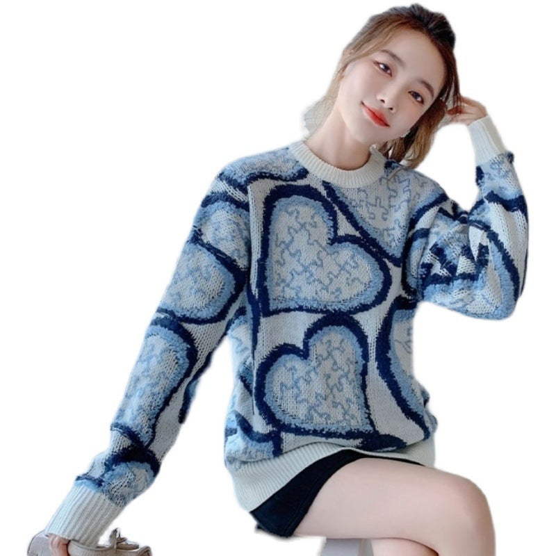 Fashion Jacquard Color Matching Knit Sweater Lazy Wind Blouse Women