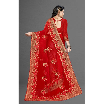 Generic Women's Net Saree With Blouse (Red, 5-6Mtrs)