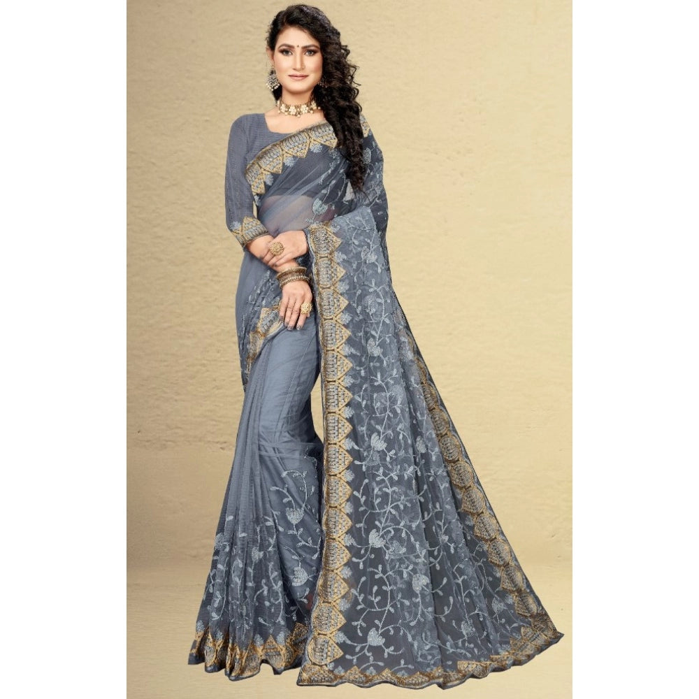 Generic Women's Net Saree With Blouse (Grey, 5-6Mtrs)