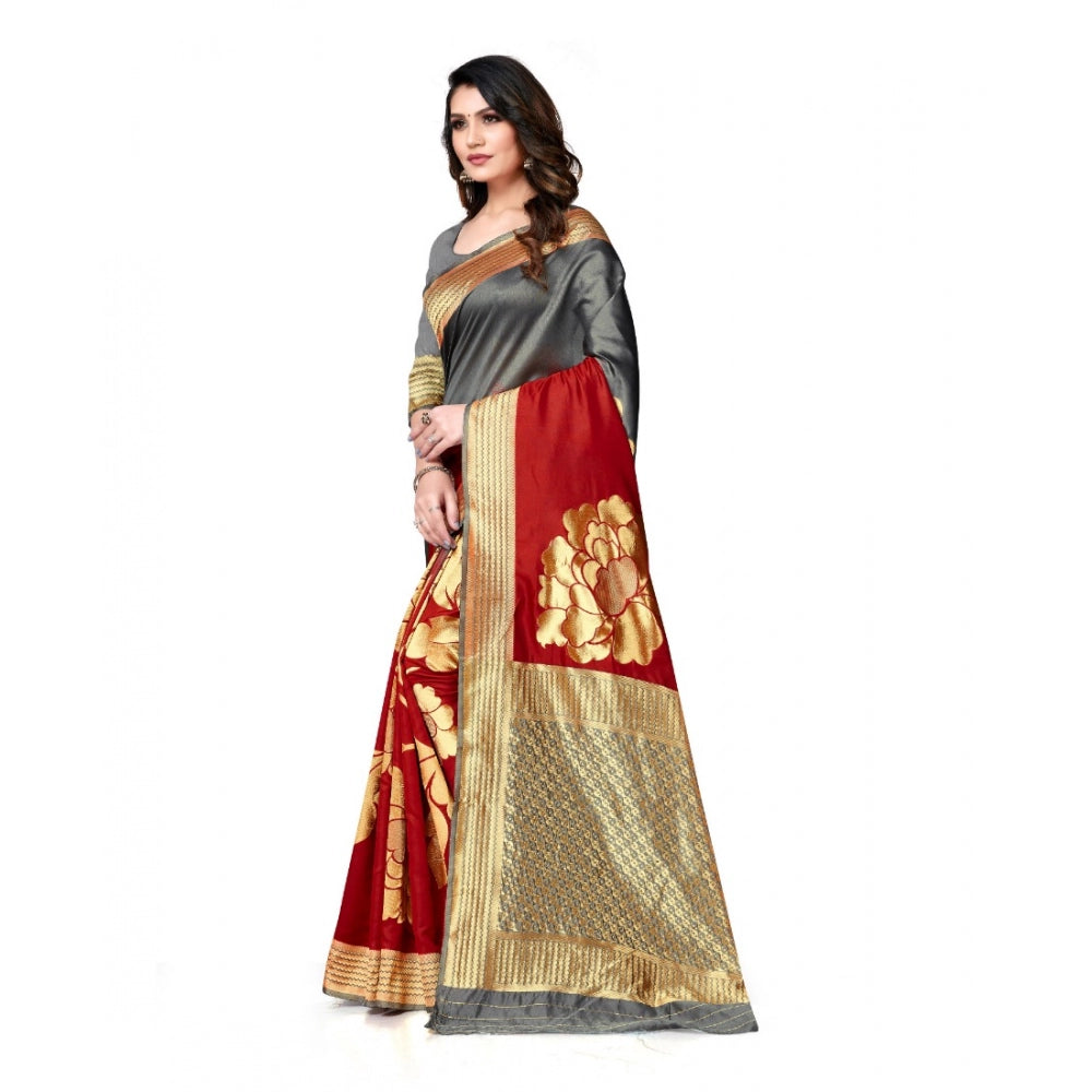 Generic Women's Banarasi Silk Saree With Blouse (Grey, Red, 5-6Mtrs)