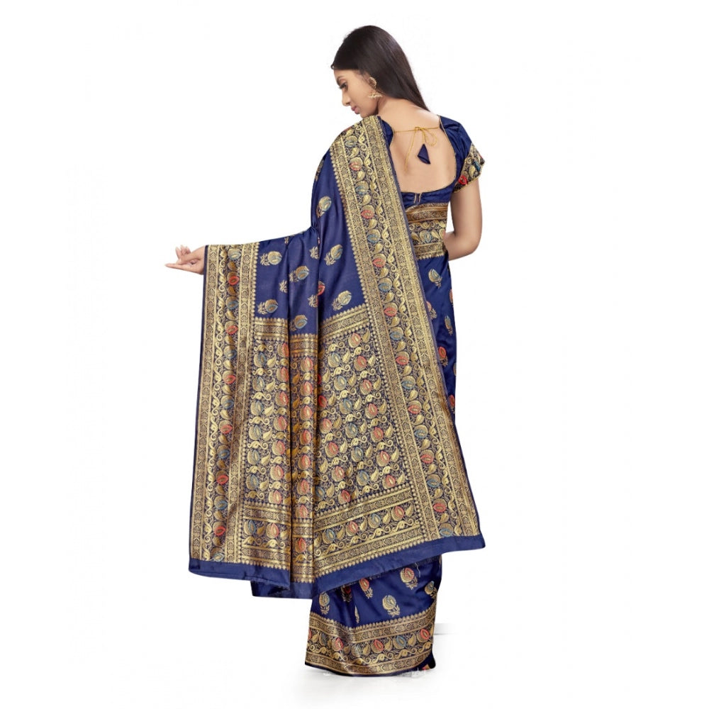 Generic Women's Banarasi Silk Saree With Blouse (Navy Blue, 5-6Mtrs)