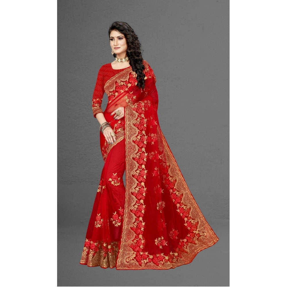 Generic Women's Net Saree With Blouse (Red, 5-6Mtrs)