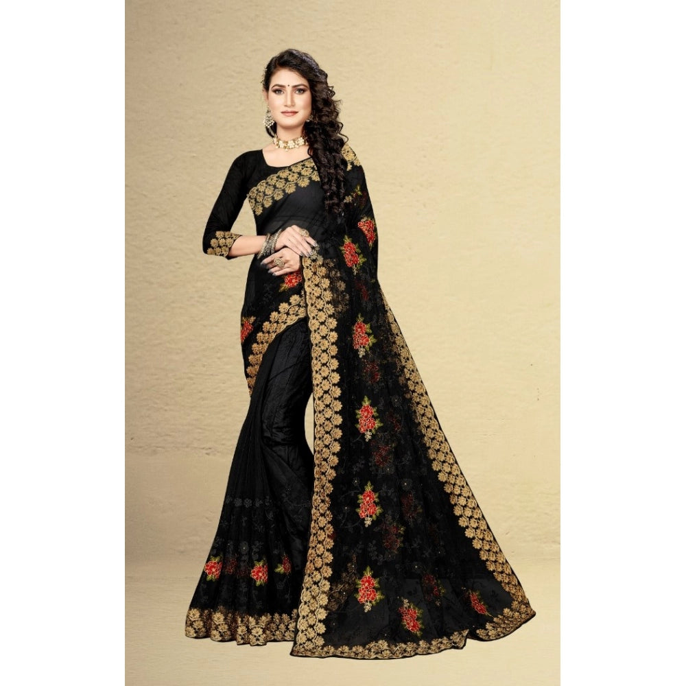 Generic Women's Net Saree With Blouse (Black, 5-6Mtrs)