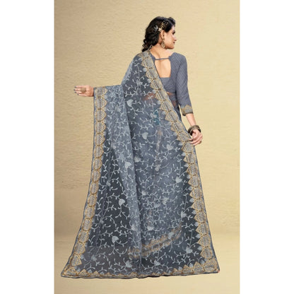 Generic Women's Net Saree With Blouse (Grey, 5-6Mtrs)