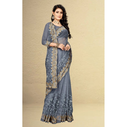 Generic Women's Net Saree With Blouse (Grey, 5-6Mtrs)