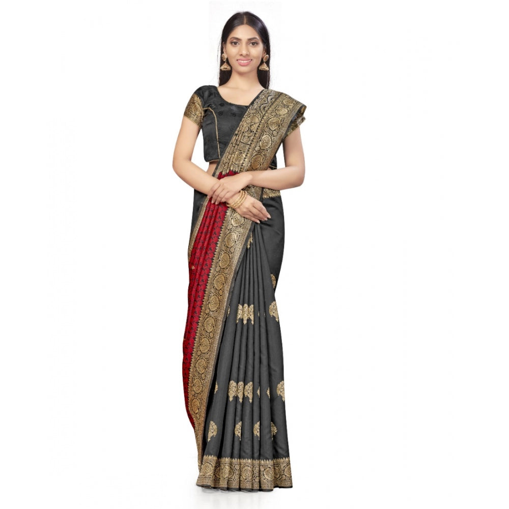 Generic Women's Banarasi Silk Saree With Blouse (Black, Red, 5-6Mtrs)