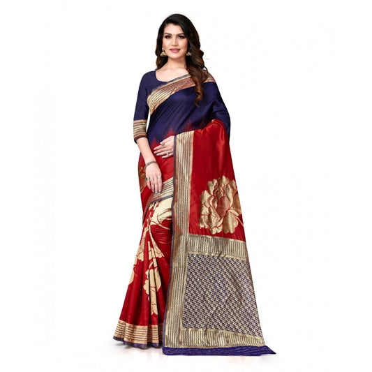 Generic Women's Banarasi Silk Saree With Blouse (Navy Blue, Red, 5-6Mtrs)