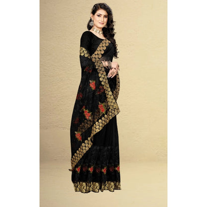 Generic Women's Net Saree With Blouse (Black, 5-6Mtrs)