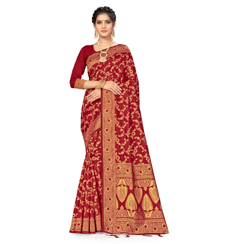 Generic Women's Banarasi Silk Saree With Blouse (Maroon, 5-6Mtrs)