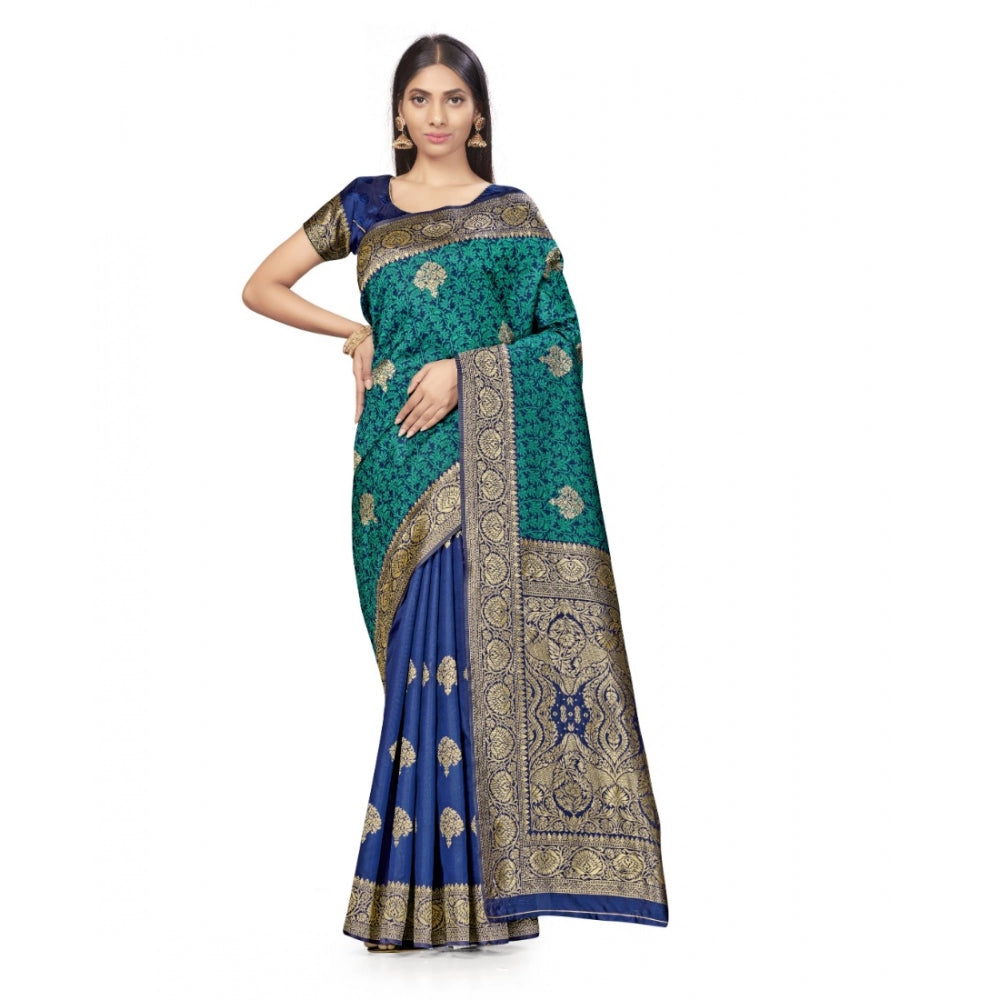 Generic Women's Banarasi Silk Saree With Blouse (Navy Blue, Rama, 5-6Mtrs)