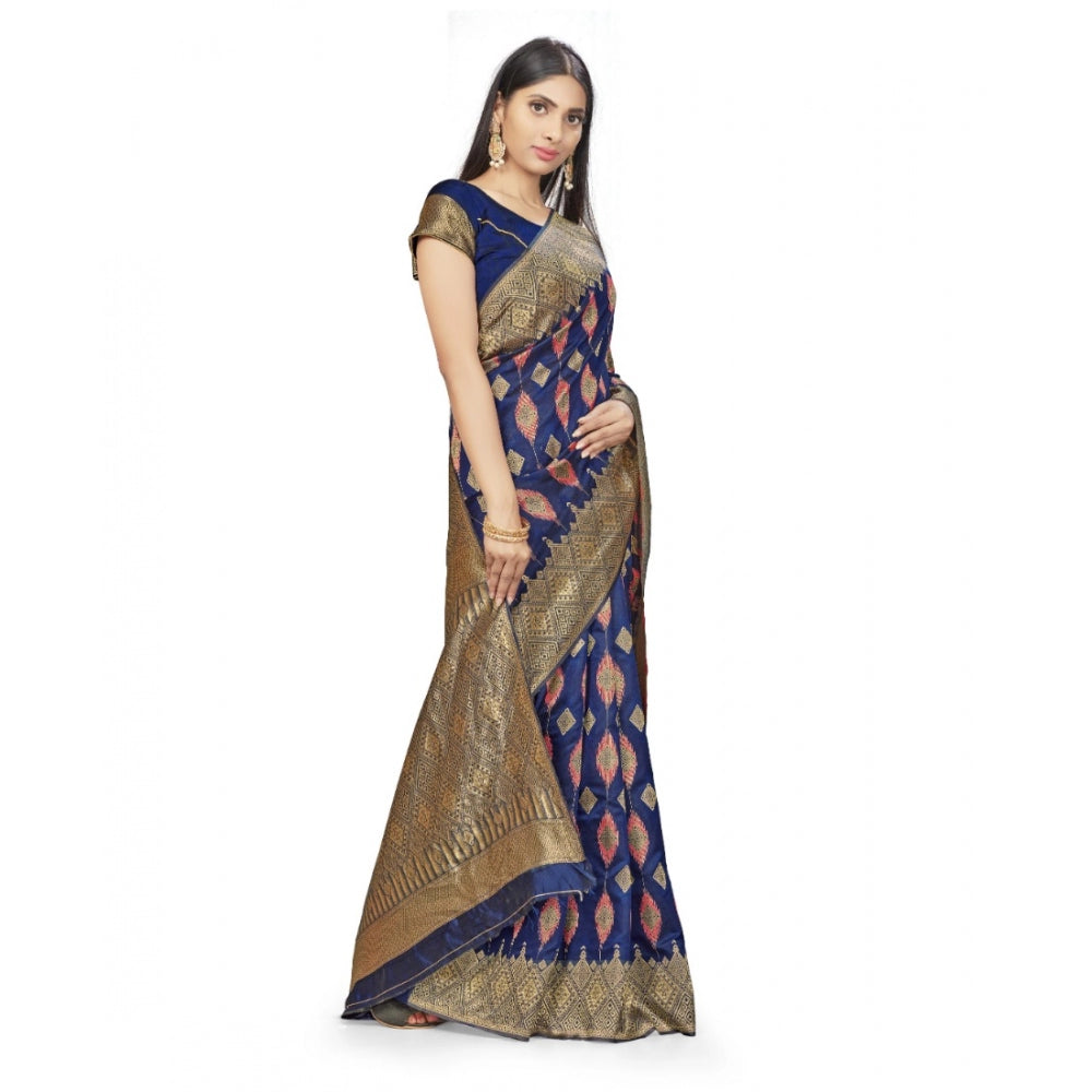 Generic Women's Banarasi Silk Saree With Blouse (Navy Blue, 5-6Mtrs)