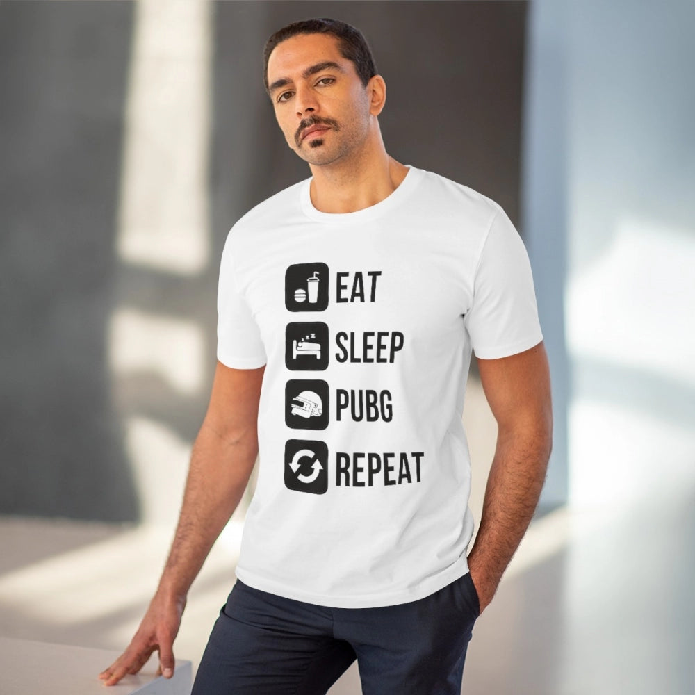 Generic Men's PC Cotton Eat Sleep Pubg Repeat Printed T Shirt (Color: White, Thread Count: 180GSM)