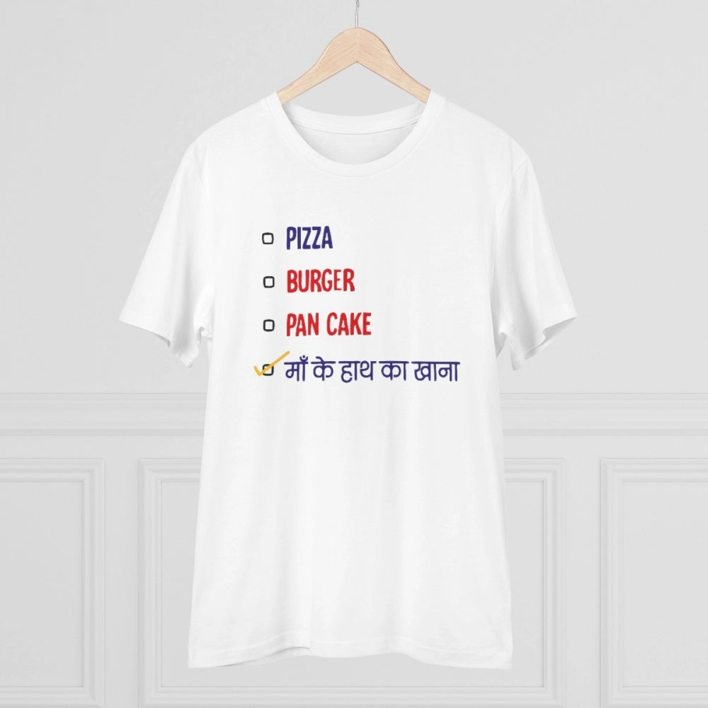 Generic Men's PC Cotton Pizza Burger Pan Cake Maa Ke Hath Ka Khana Printed T Shirt (Color: White, Thread Count: 180GSM)