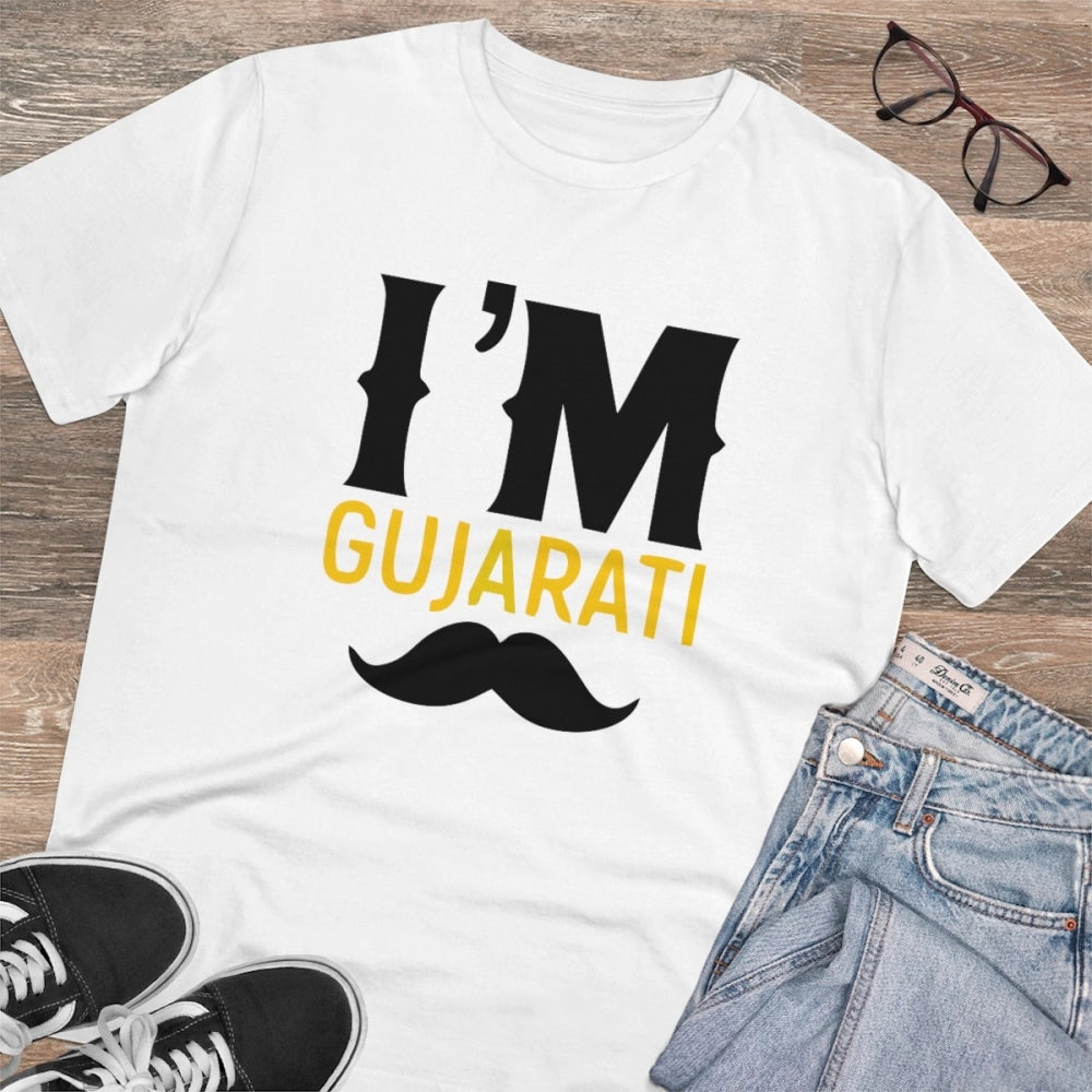 Generic Men's PC Cotton I Am Gujarati Printed T Shirt (Color: White, Thread Count: 180GSM)