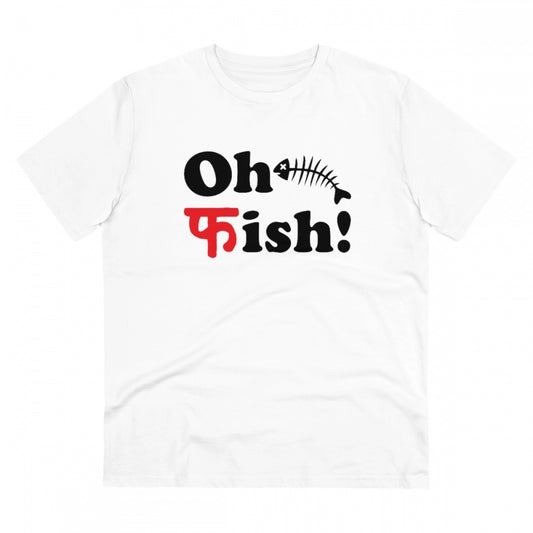 Generic Men's PC Cotton Oh Fish Printed T Shirt (Color: White, Thread Count: 180GSM)