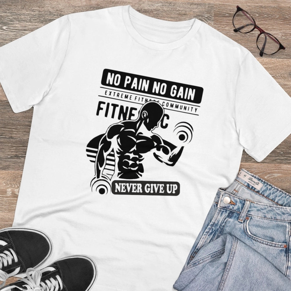 Generic Men's PC Cotton Gym No Pain No Gain Never Give Up Printed T Shirt (Color: White, Thread Count: 180GSM)