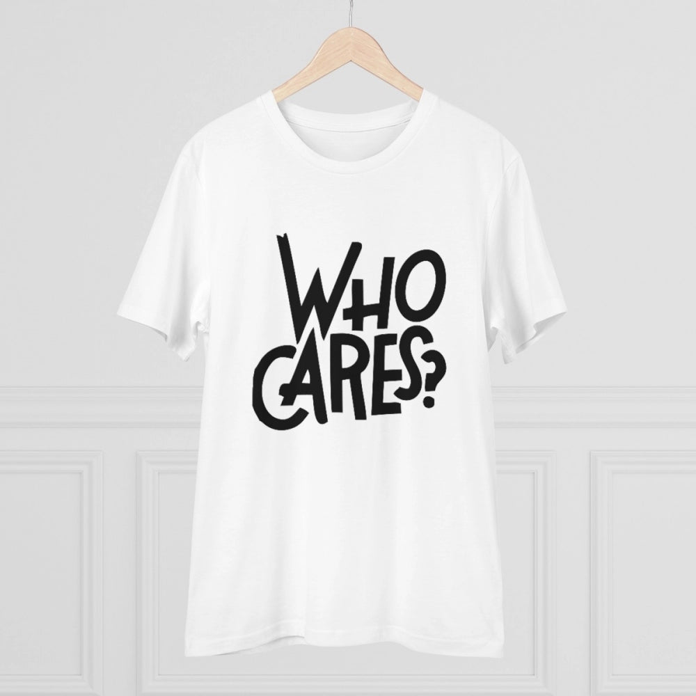 Generic Men's PC Cotton Who Cares Printed T Shirt (Color: White, Thread Count: 180GSM)