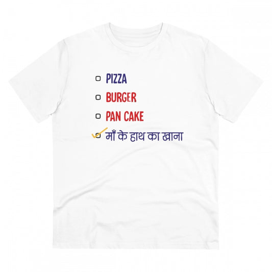 Generic Men's PC Cotton Pizza Burger Pan Cake Maa Ke Hath Ka Khana Printed T Shirt (Color: White, Thread Count: 180GSM)