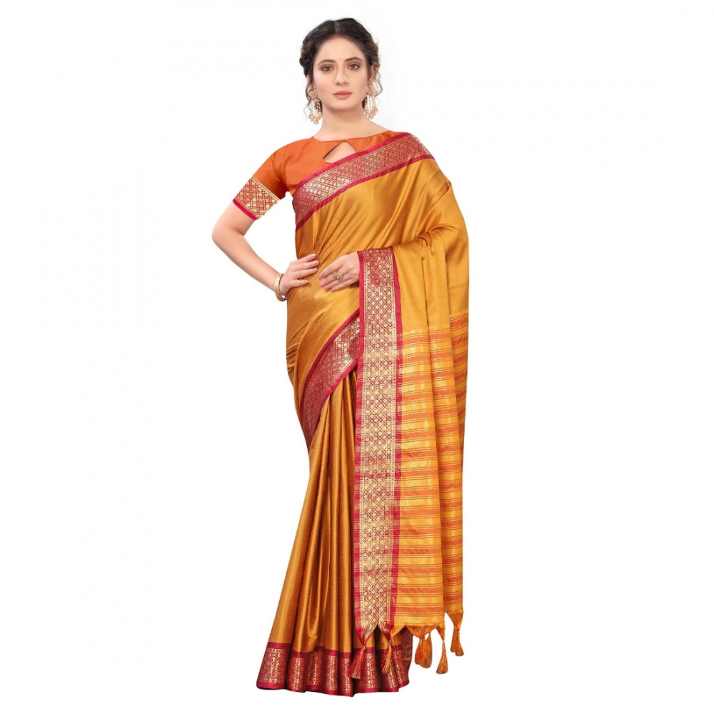 Generic Women's Cotton Silk Saree With Blouse (Mustard, 5-6Mtrs)