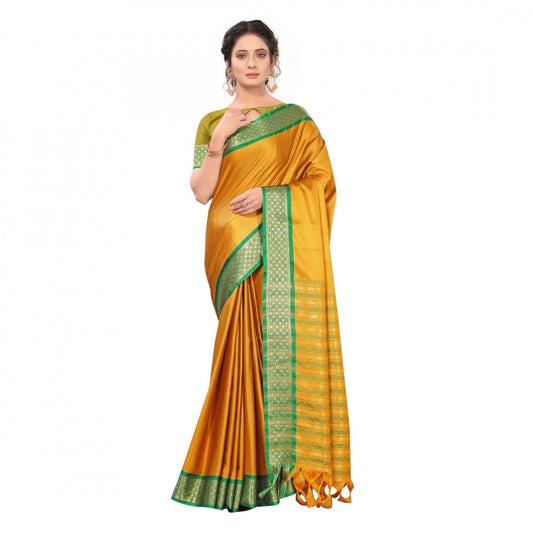 Generic Women's Cotton Silk Saree With Blouse (Gold, 5-6Mtrs)