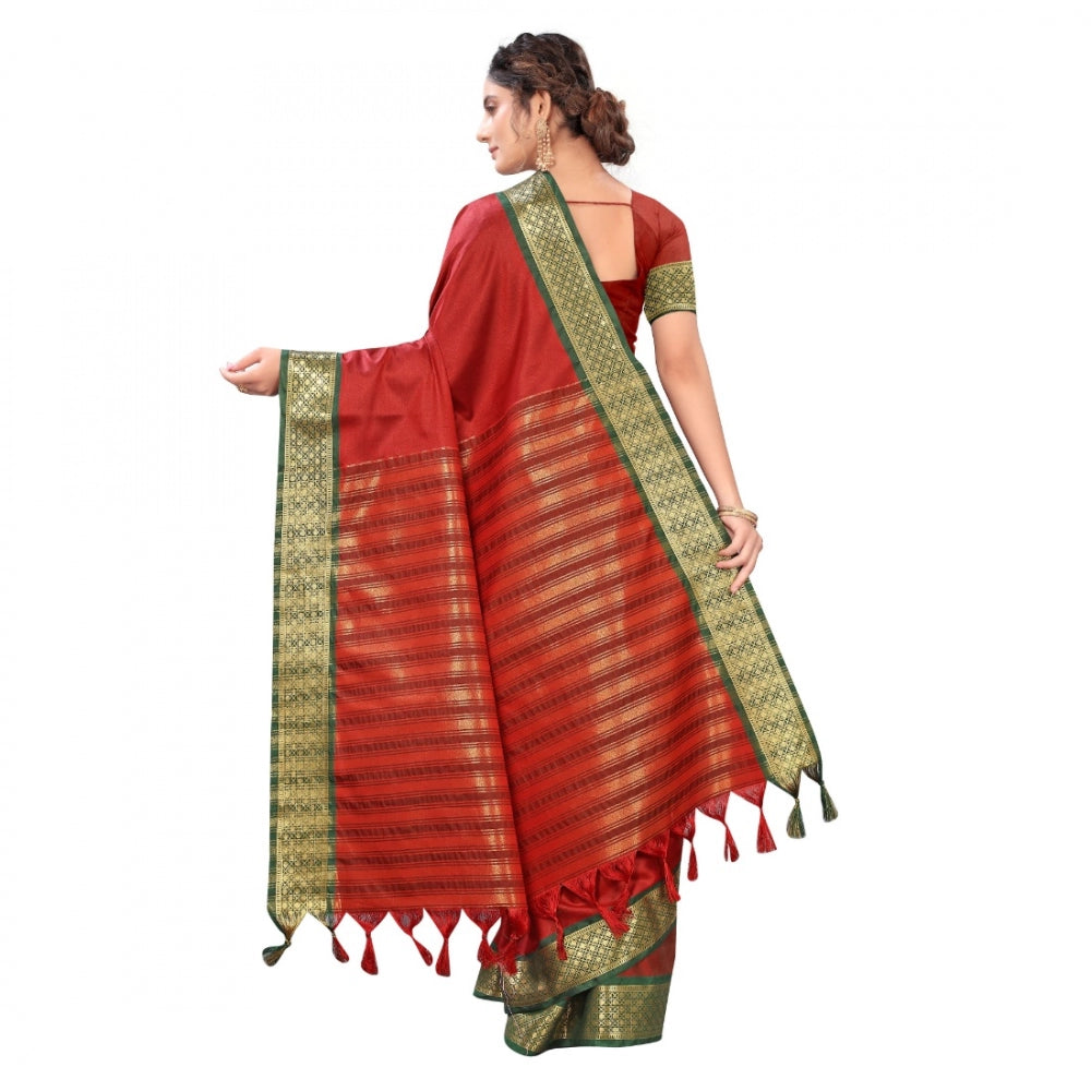 Generic Women's Cotton Silk Saree With Blouse (Red, 5-6Mtrs)