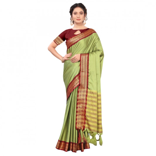 Generic Women's Cotton Silk Saree With Blouse (Pista Green, 5-6Mtrs)