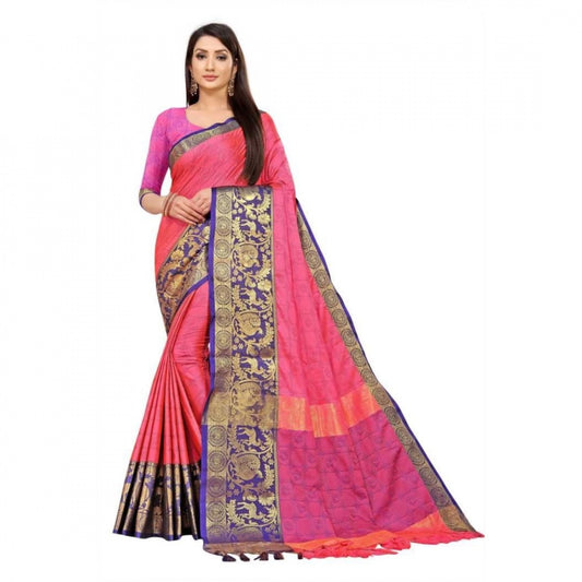 Generic Women's Cotton Silk Saree With Blouse (Pink, 5-6Mtrs)