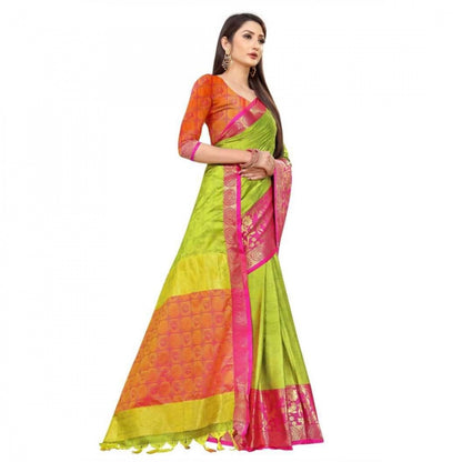 Generic Women's Cotton Silk Saree With Blouse (Parrot Green, 5-6Mtrs)