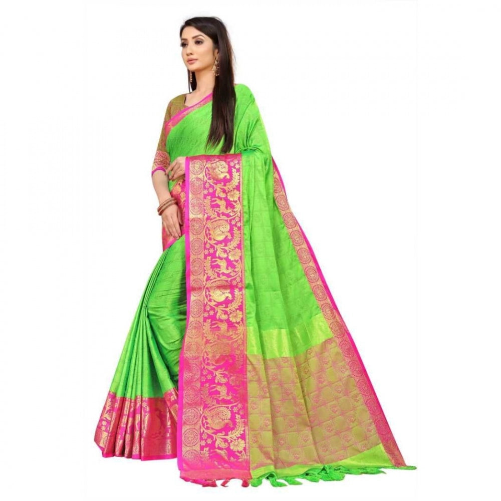 Generic Women's Cotton Silk Saree With Blouse (Green, 5-6Mtrs)