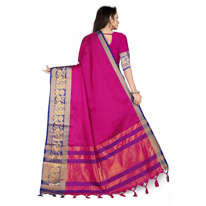 Generic Women's Cotton Silk Saree With Blouse (Blue, 5-6Mtrs)