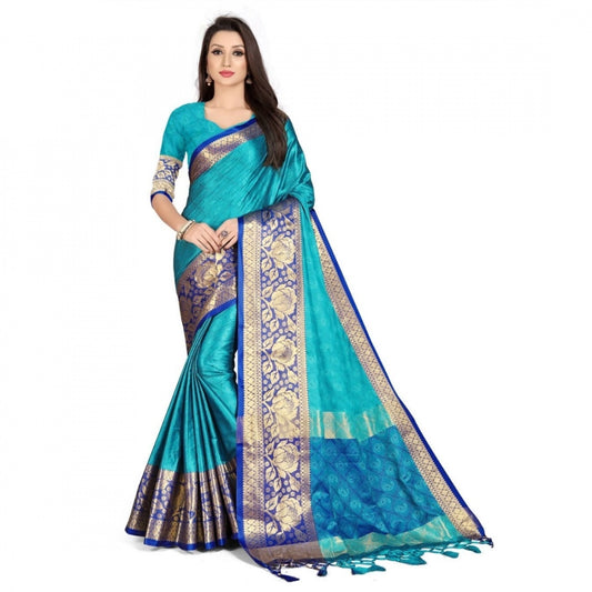 Generic Women's Cotton Silk Saree With Blouse (Navy Blue, 5-6Mtrs)