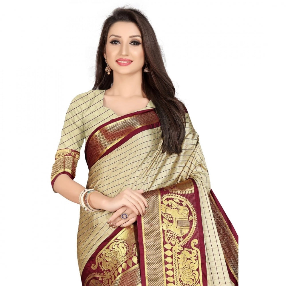 Generic Women's Cotton Silk Saree With Blouse (Chiku, 5-6Mtrs)