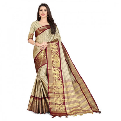 Generic Women's Cotton Silk Saree With Blouse (Chiku, 5-6Mtrs)