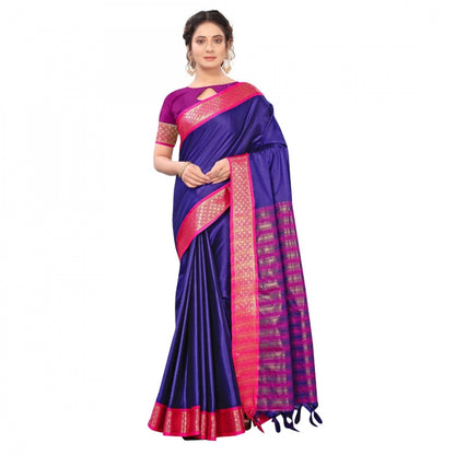 Generic Women's Cotton Silk Saree With Blouse (Blue, 5-6Mtrs)