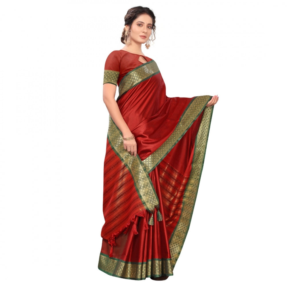 Generic Women's Cotton Silk Saree With Blouse (Red, 5-6Mtrs)