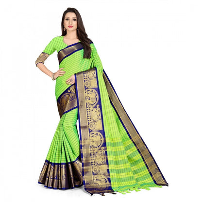 Generic Women's Cotton Silk Saree With Blouse (Blue, 5-6Mtrs)