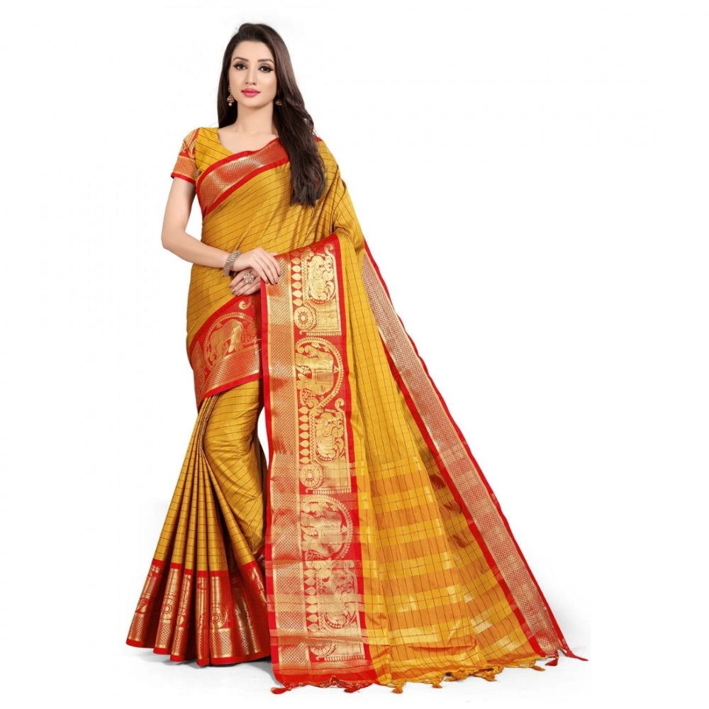 Generic Women's Cotton Silk Saree With Blouse (Red, 5-6Mtrs)