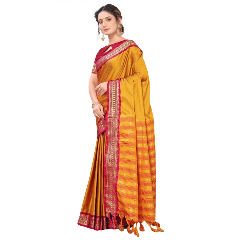 Generic Women's Cotton Silk Saree With Blouse (Yellow, 5-6Mtrs)