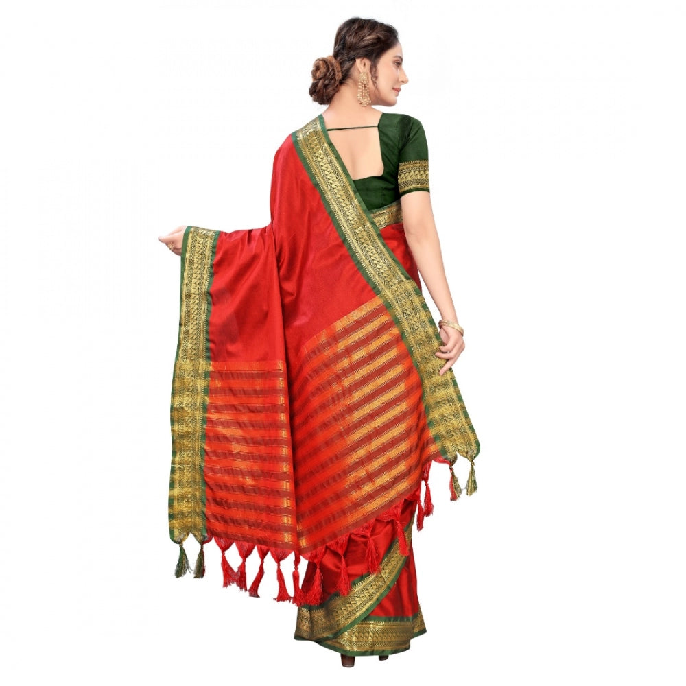 Generic Women's Cotton Silk Saree With Blouse (Red, 5-6Mtrs)