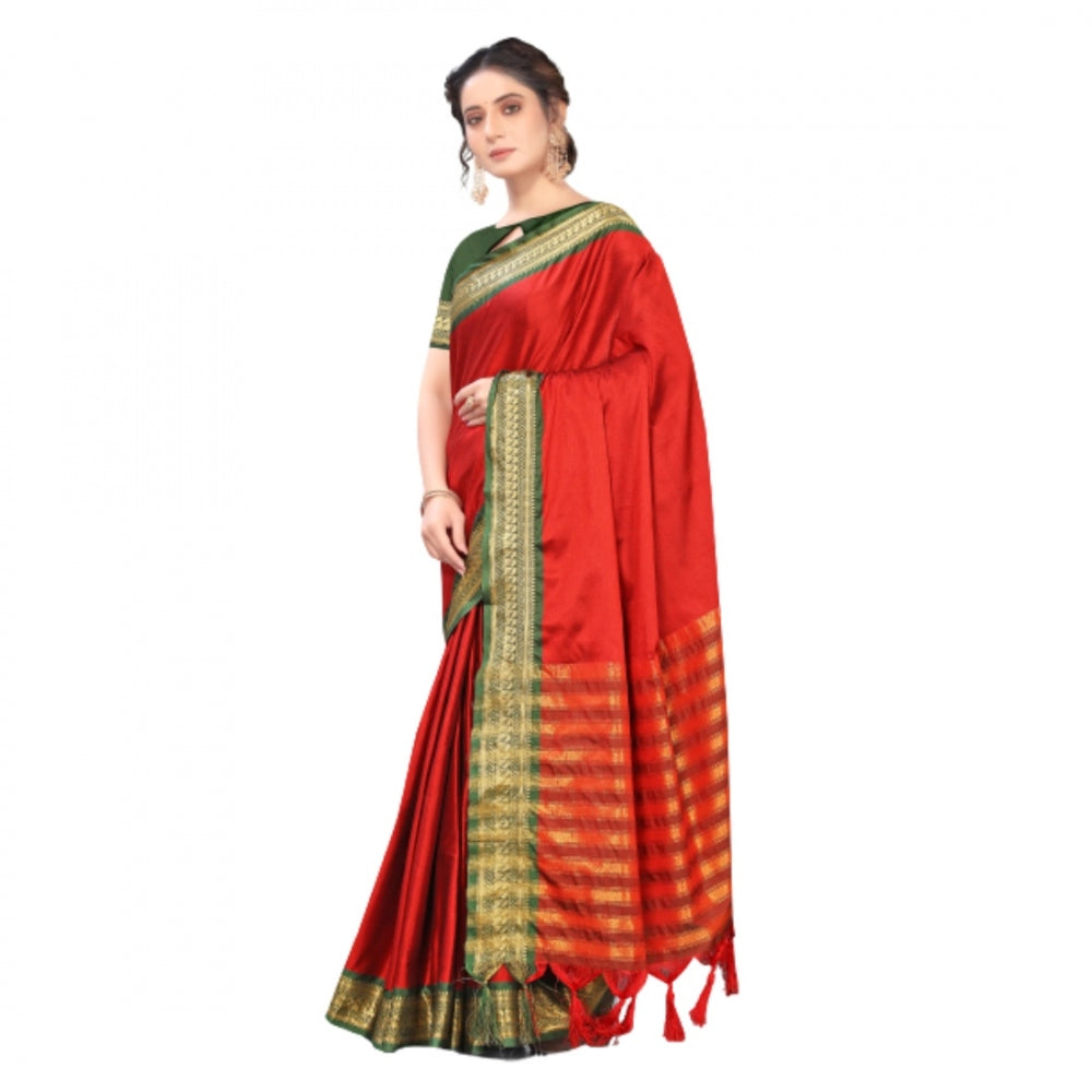 Generic Women's Cotton Silk Saree With Blouse (Red, 5-6Mtrs)