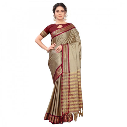 Generic Women's Cotton Silk Saree With Blouse (Beige, 5-6Mtrs)