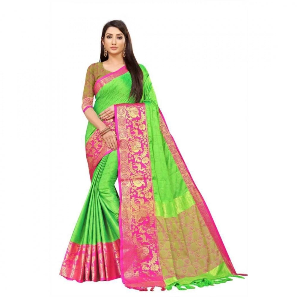 Generic Women's Cotton Silk Saree With Blouse (Green, 5-6Mtrs)